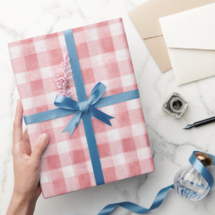 Soft Girly Pink White Plaid Stripes Birthday Wrapping Paper