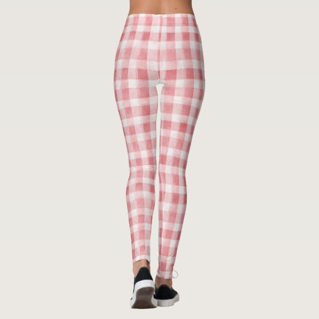 Soft Girly Pink White Plaid Stripes Leggings (Back)