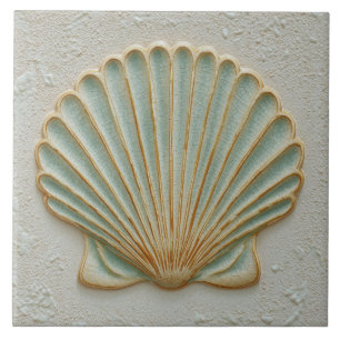 Soft Gold and Aqua Coastal Scallop Shell Tile