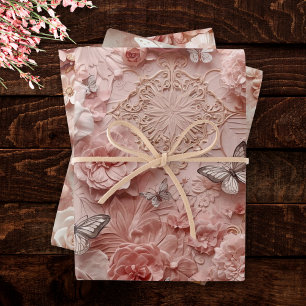 Soft Gold Baroque Blush Floral Butterfly Collage Wrapping Paper Sheet