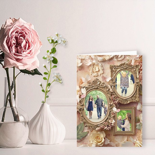 Soft Gold Baroque Floral Memory Frame Collage Holiday Card (Creator Uploaded)