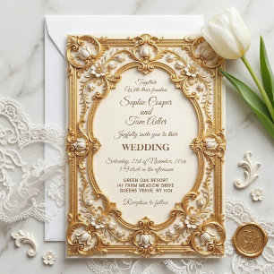 Soft Gold Baroque Opulence Art White Tulips Ornate Invitation