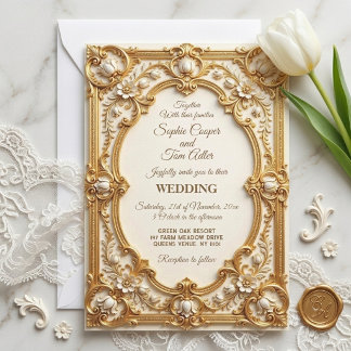 Soft Gold Baroque Opulence Art White Tulips Ornate Invitation