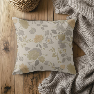 Soft Gold Beige Peach Gray Modern Farmhouse Floral Cushion