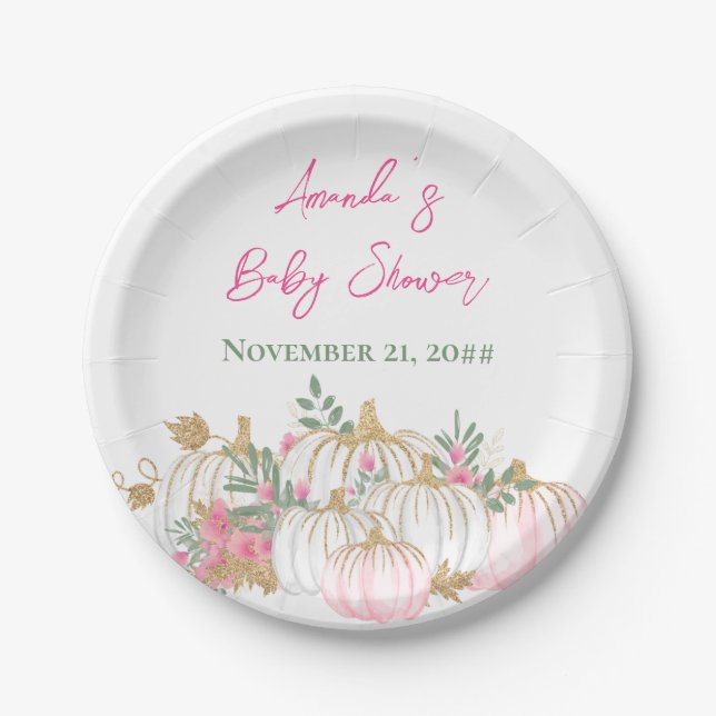 Soft Gold Blush Pink Rose Pumpkin Baby Shower  Paper Plate (Front)