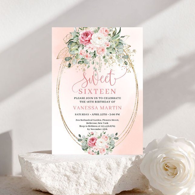 Soft Gold Blush Roses Sweet Sixteen Party Invite (Soft Gold Blush Roses Sweet Sixteen Party Invite)