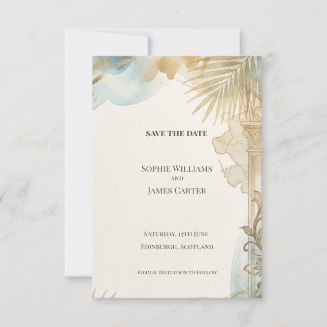 Soft Gold Botanical Save The Date Card (Front)