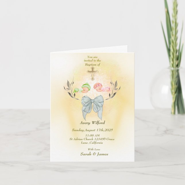  Soft gold cross Baptism  folded invitation  (Front)