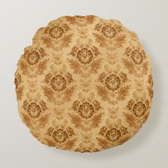 Soft Gold Damask Floral Round Cushion (Front)