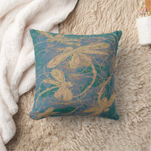Soft Gold Dragonflies on Vintage Turquoise & Lilac Cushion