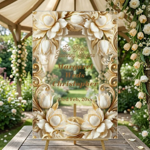 Soft Gold Embellish White Tulips European Wedding Acrylic Sign