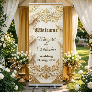 Soft Gold Embellished White Tulips Baroque Wedding Retractable Banner