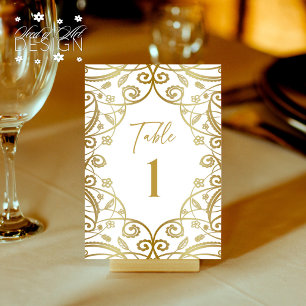 Soft Gold Glitter Floral Lace Wedding Table Number