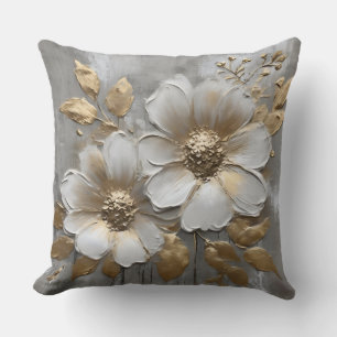 Soft Gold Grey White Modern Rustic Floral Cushion