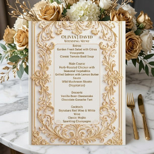 Soft Gold Ivory Baroque Floral Frame Wedding Menu 