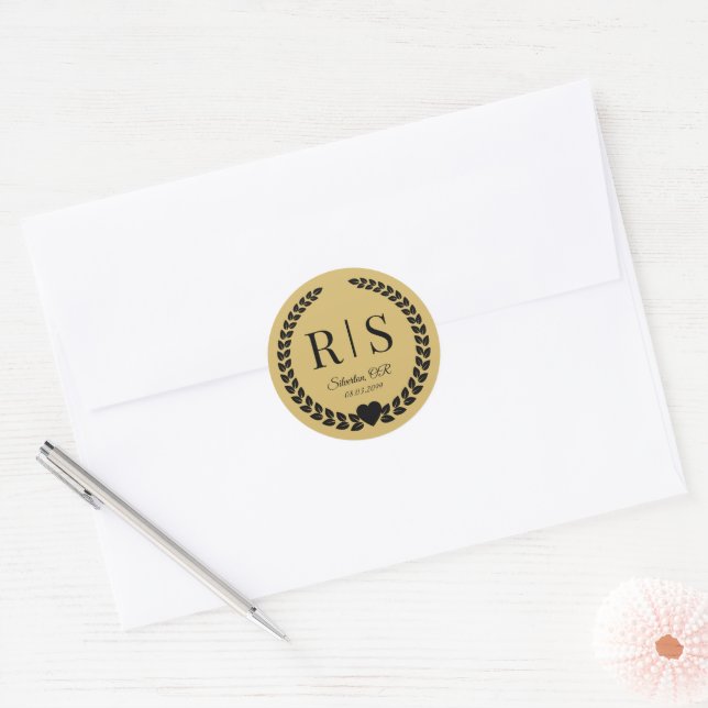 Soft Gold Wedding Monogram Initials Classic Round Sticker (Envelope)
