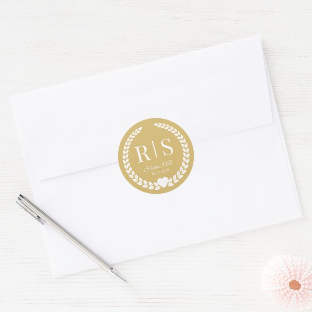 Soft Gold Wedding Monogram Initials Classic Round Sticker (Envelope)