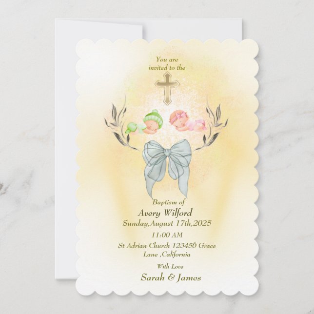  Soft golden cross Baptism invitation  (Front)