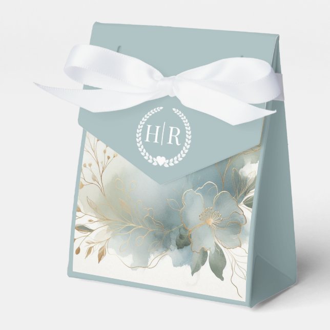 Soft Golden Dusty Blue Romance Wedding Favour Box (Front Side)