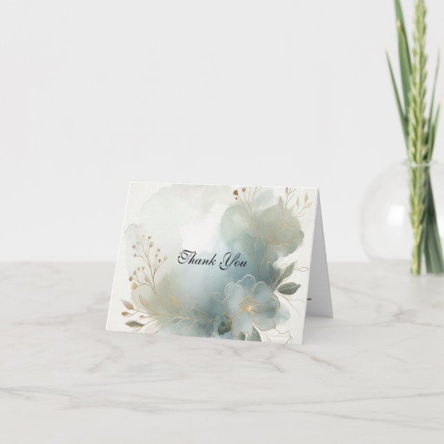 Soft Golden Dusty Blue Romance Wedding Thank You Card (Front)