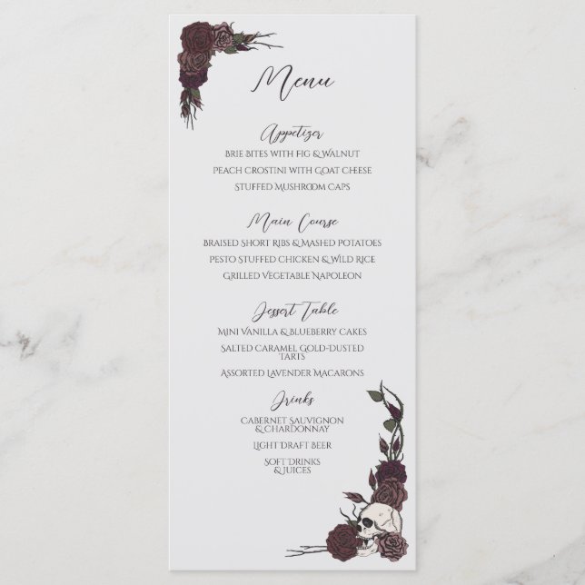 Soft Gothic Dark Floral Light Grey Wedding Menu (Front)