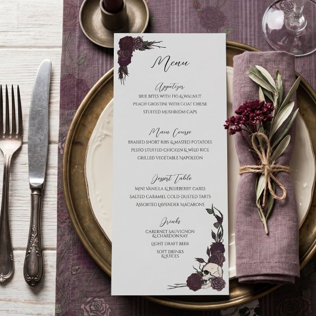 Soft Gothic Dark Floral Light Grey Wedding Menu (Hand-drawn ink floral skulls and roses wedding or rehearsal dinner menu for alternative wedding)