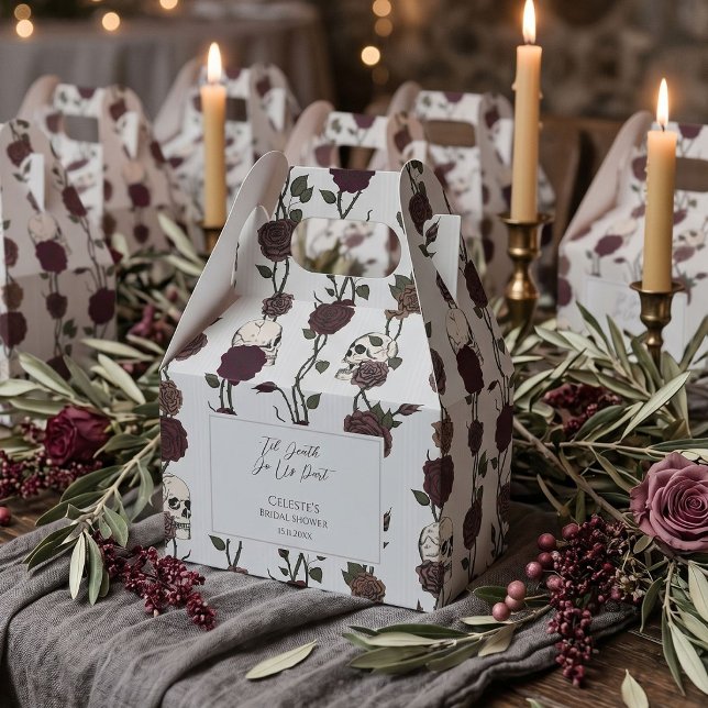 Soft Gothic Light Grey Wedding Favour Box (Soft Gothic Wedding Favor Box features hand-drawn ink art with romantic skulls and maroon roses)