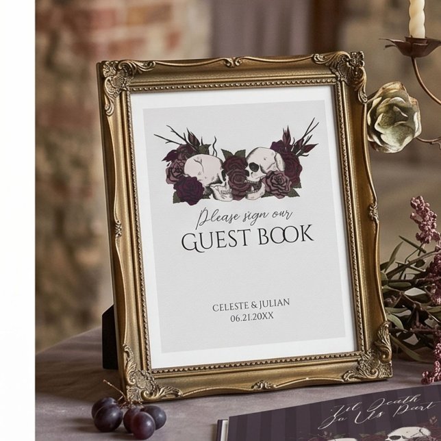 Soft Gothic Skulls & Roses Guest Book Sign (Moody mauve maroon gothic skulls and roses hand-drawn illustration in black ink for gothic wedding)