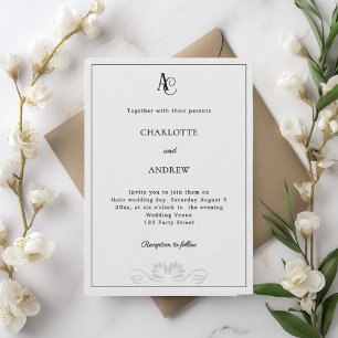 Soft gray modern monogram diamonds luxury wedding invitation