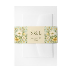 Soft green and beige flowers wedding invitation belly band