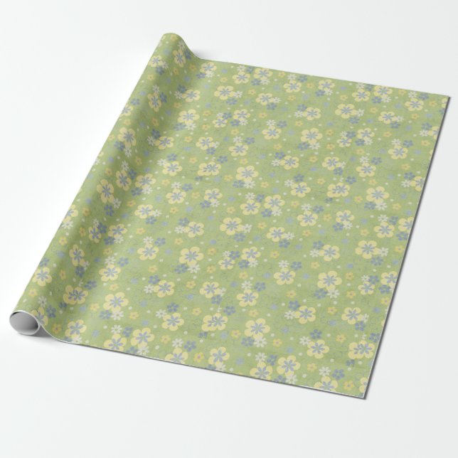 soft green and blue floral design wrapping paper (Unrolled)