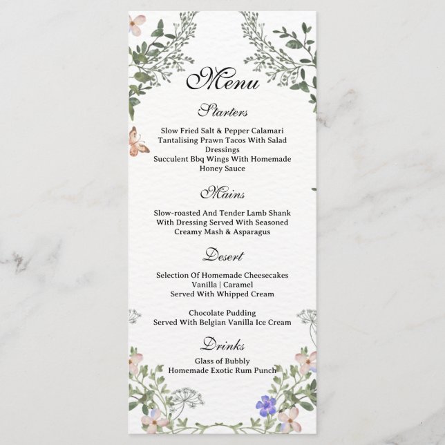 Soft Green Boho Gender Neutral Floral Baby Shower  Menu (Front)