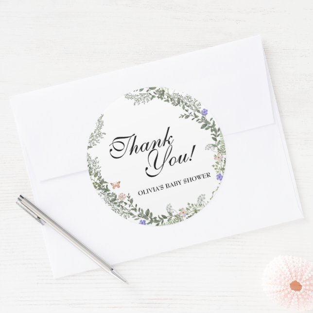 Soft Green Boho Gender Neutral Floral Thank You Classic Round Sticker (Envelope)