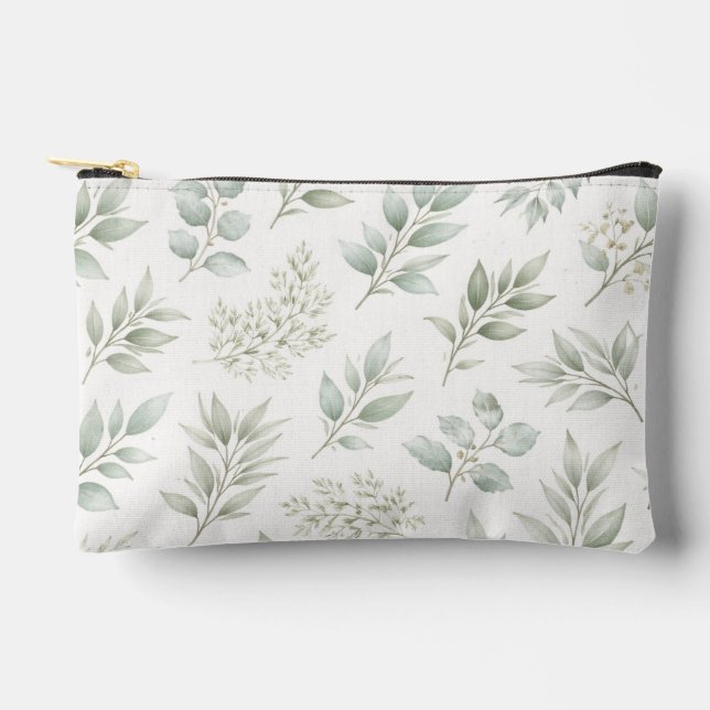 Soft Green Botanical Leaves Pattern  Accessory Pouch (Front)