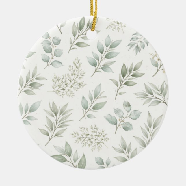 Soft Green Botanical Leaves Pattern  Ceramic Tree Decoration (Front)