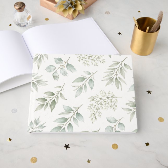 Soft Green Botanical Leaves Pattern  Guest Book (Front Open)