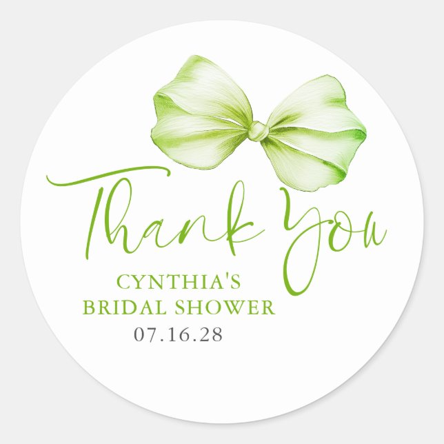 Soft Green Bow Favours Thank You  Classic Round Sticker (Front)