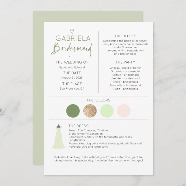 Soft Green Bridesmaid Proposal & Information (Front/Back)