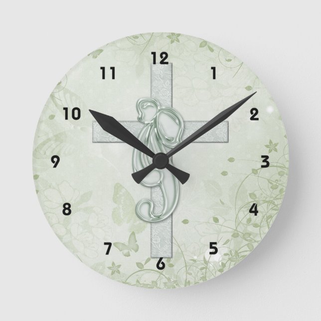 Soft Green Cross & Bow Christian Design 2 Round Clock (Front)
