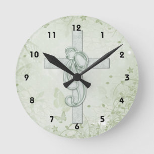Soft Green Cross & Bow Christian Design 2 Round Clock