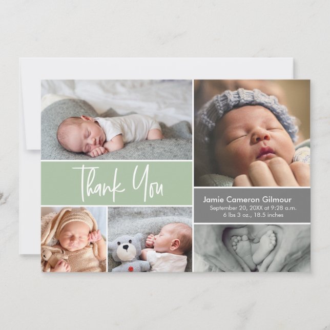 Soft Green Custom Photo Collage birth Baby Shower  Thank You Card (Front)