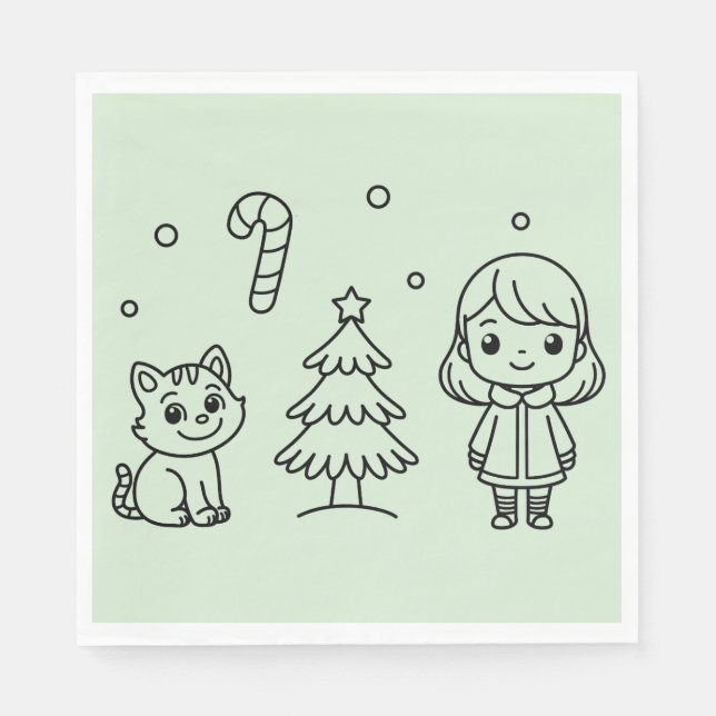 Soft Green Cute Girl and Cat Christmas Design Napkin (Front)