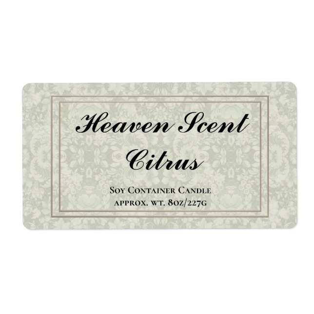 Soft Green Damask Container Candle Label Template (Front)