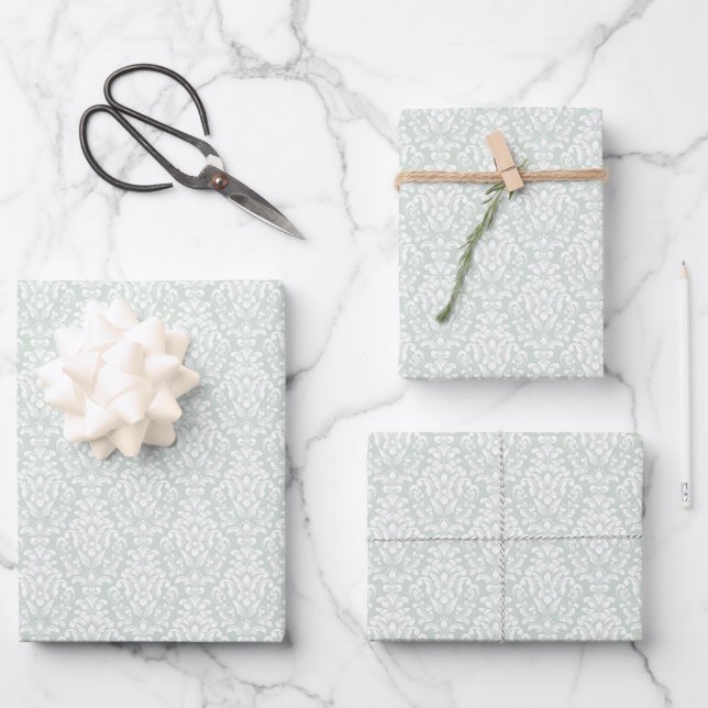 Soft green damask design wrapping paper sheet (Front)