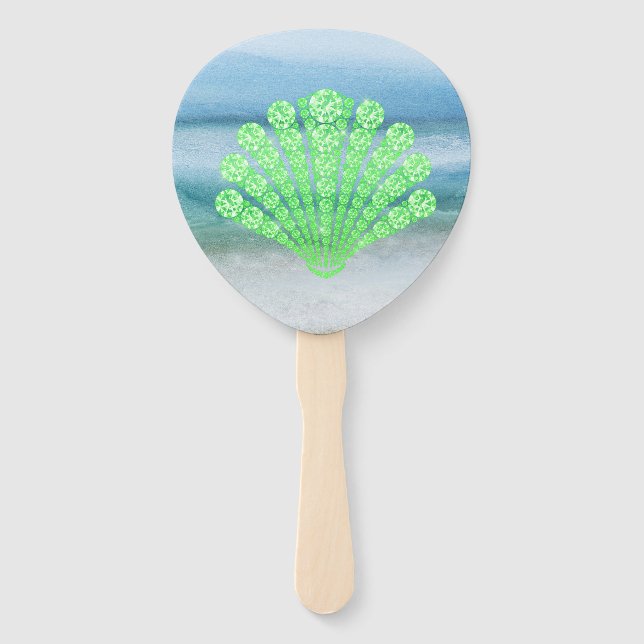 Soft Green Diamond Seashell Abstract Sea Hand Fan (Front)