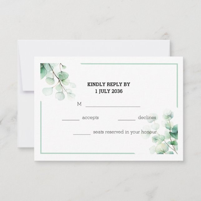 Soft Green Elegant Eucalyptus Twigs Wedding RSVP Card (Front)