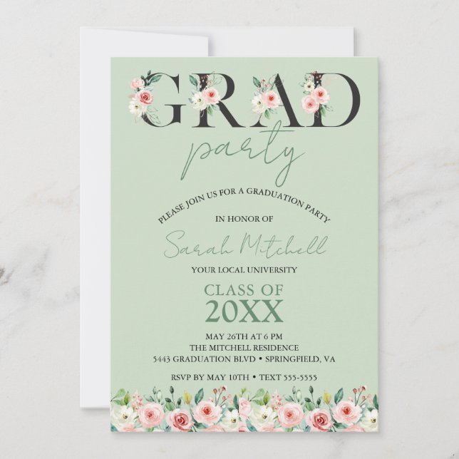 Soft Green Floral Graduation Party Invitation (Front)