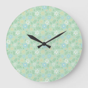 Soft Green Floral with White Blue Yellow Flowers Large Clock