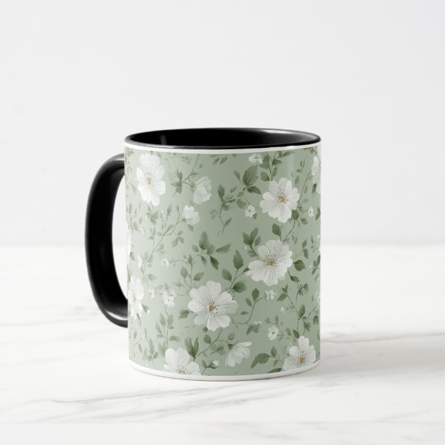 Soft Green Flower Cream Floral Pattern Mug (Front Left)