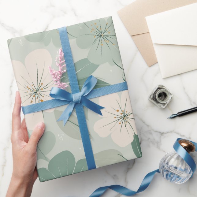 Soft Green Flower Cream Floral Pattern Wrapping Paper (Gifting)